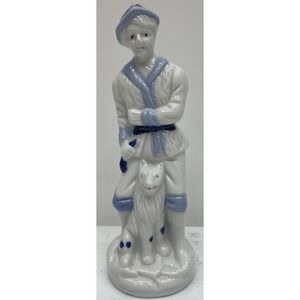 Vintage Porcelain Figurine Shepherd Boy Dog Blue White 6" Glazed